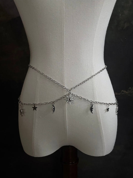 A Historical Fantasy Inspired Celestial sun moon and star Charm Layered Chain Belt in Silver