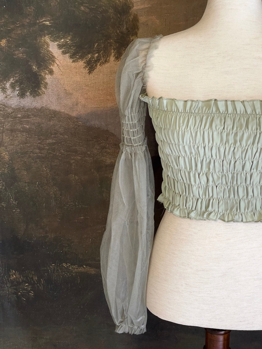 Historically Inspired Sheer Juliet Sleeve Smocked Blouse in Sage Green