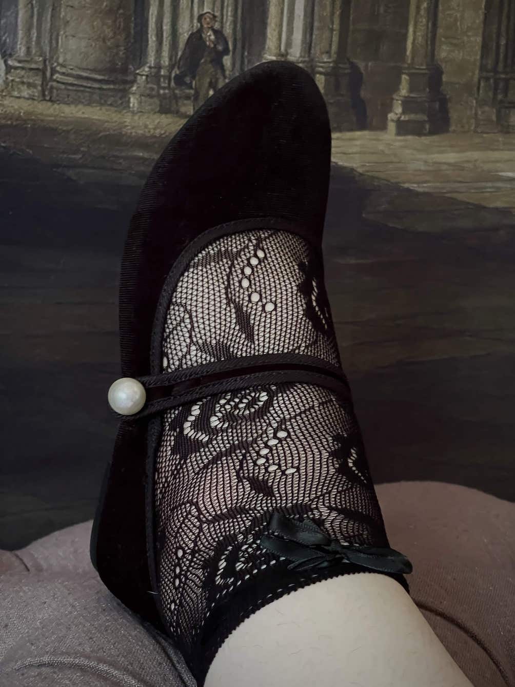 Historically Inspired Satin Ribbon Lace Ankle Socks in Gothic Black