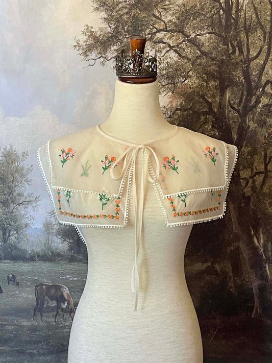 A Historically Inspired Wild Flower Embroidered Collar Capelet in Ivory, for Edwardian, Victorian, Regency, Rococo, and Baroque outfits.