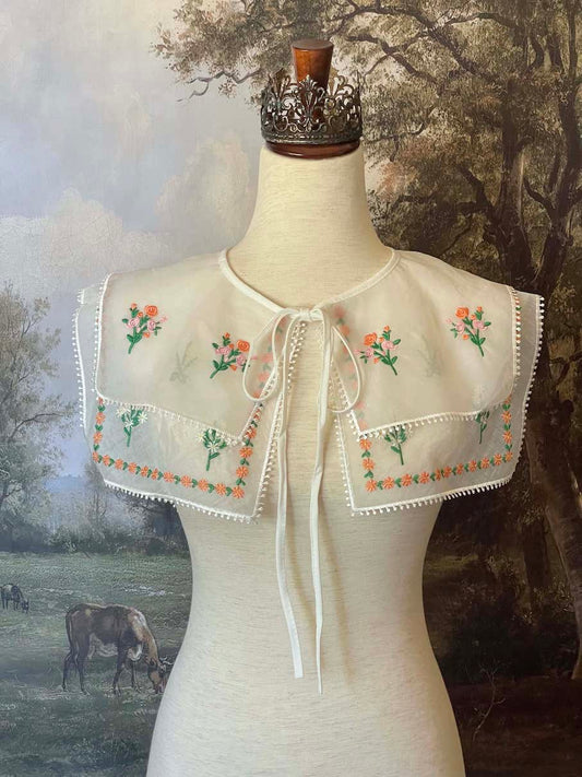 A Historically Inspired Wild Flower Embroidered Collar Capelet in White, for Edwardian, Victorian, Regency, Rococo, and Baroque outfits.