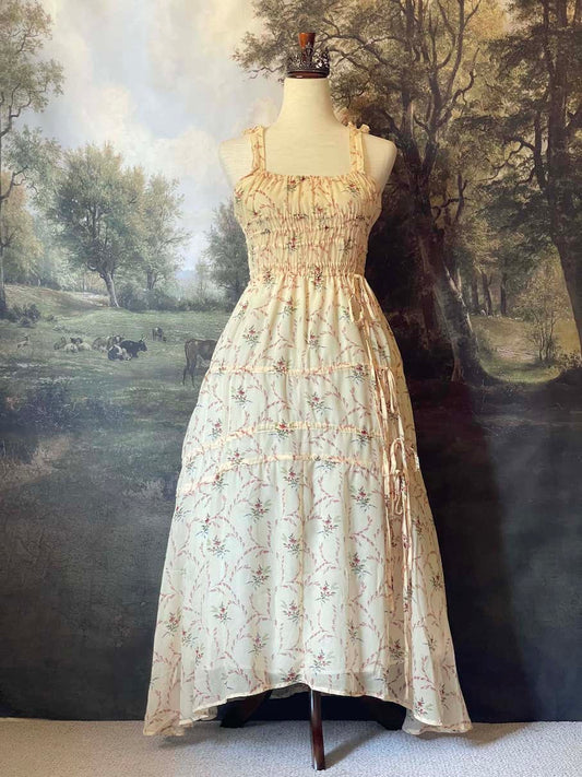 Historically Inspired vintage European style Ivory Floral Bouquet Print Maxi Dress with shirring bodice and drawstring adjustable waterfall skirt.
