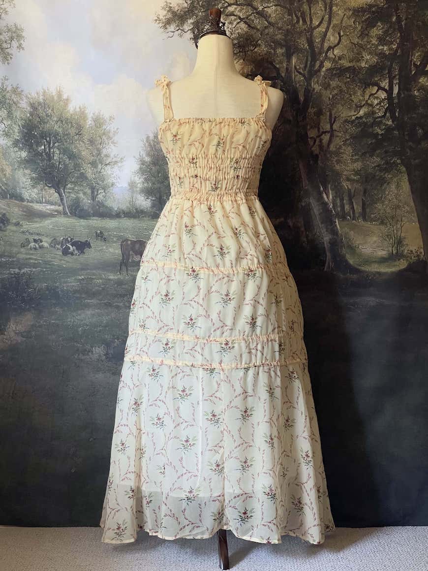 Historically Inspired vintage European style Ivory Floral Bouquet Print Maxi Dress with shirring bodice and drawstring adjustable waterfall skirt.