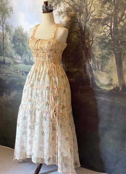Historically Inspired vintage European style Ivory Floral Bouquet Print Maxi Dress with shirring bodice and drawstring adjustable waterfall skirt.