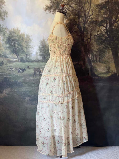 Historically Inspired vintage European style Ivory Floral Bouquet Print Maxi Dress with shirring bodice and drawstring adjustable waterfall skirt.