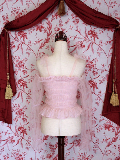 Historically Inspired Victorian Regency and Rococo style ballerina smocked blouse in pastel pink with rosette applique, virago puff sleeves, and off shoulder bow straps.