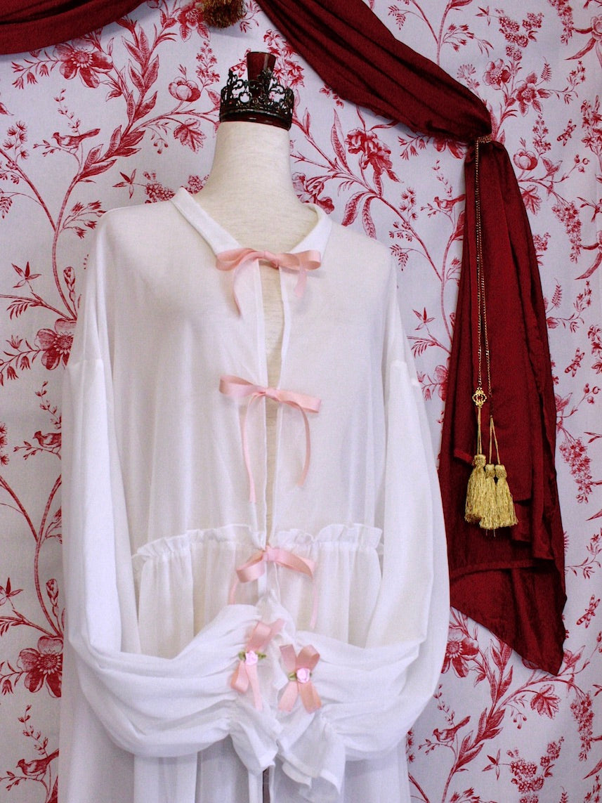 A Historically Inspired Rococo Regency Victorian Edwardian Style White Duster Overdress with Pink Bow Accents and Rosettes, Plus Size.