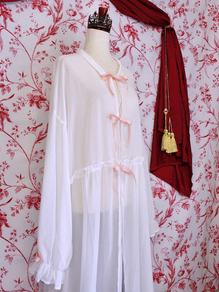 A Historically Inspired Rococo Regency Victorian Edwardian Style White Duster Overdress with Pink Bow Accents and Rosettes, Plus Size.
