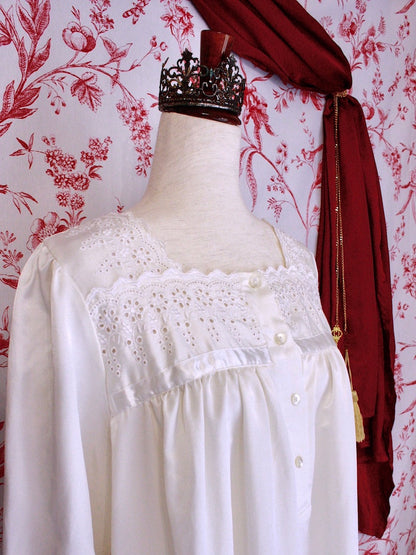A Historically Inspired Regency Victorian Edwardian Style True Vintage 80's-90's Night Chemise Dress in Off-white Satin.