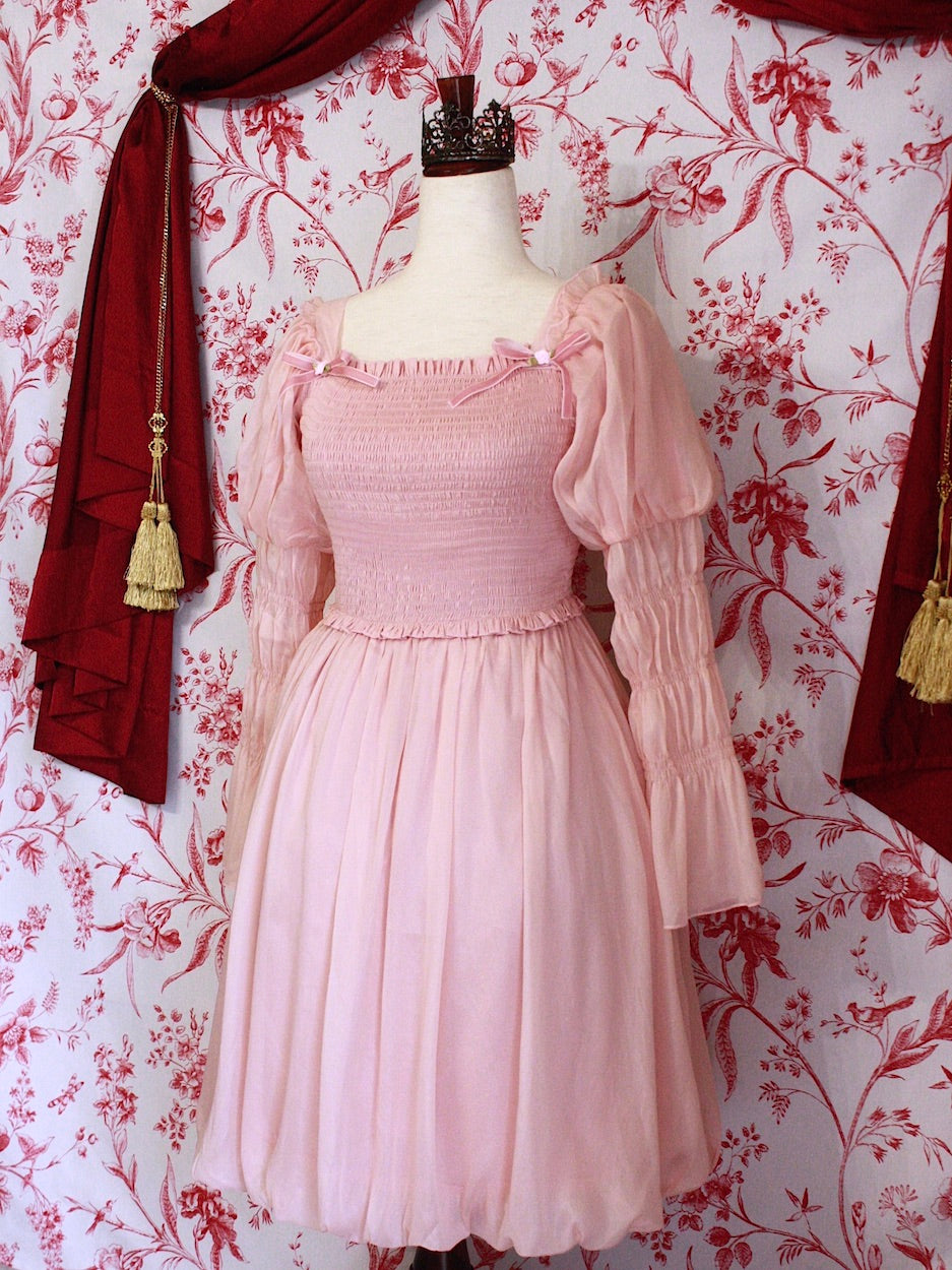 A Historically Inspired Victorian, Regency, Rococo, or Renaissance Style Virago Sleeve Mini Dress with Bow Appliques and Bubble Hem Skirt in Ballerina Pink