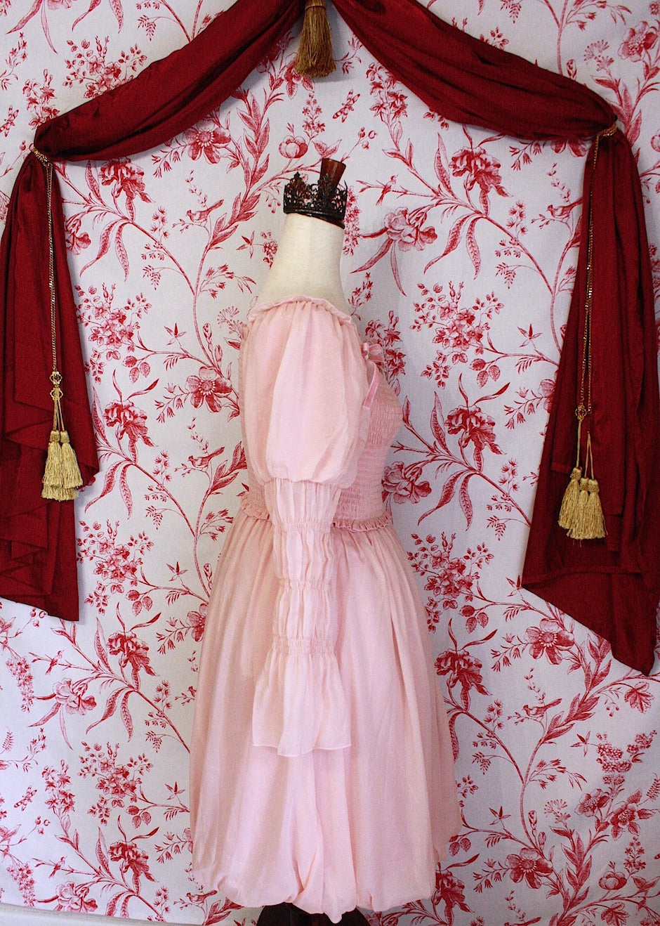A Historically Inspired Victorian, Regency, Rococo, or Renaissance Style Virago Sleeve Mini Dress with Bow Appliques and Bubble Hem Skirt in Ballerina Pink