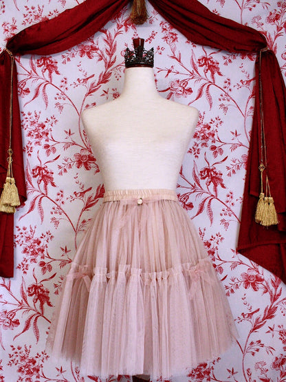 Historically Inspired Victorian Style Frilly Tiered Ballet Skirt with Bow Appliques and Rosette embellishment in Nude-Pink
