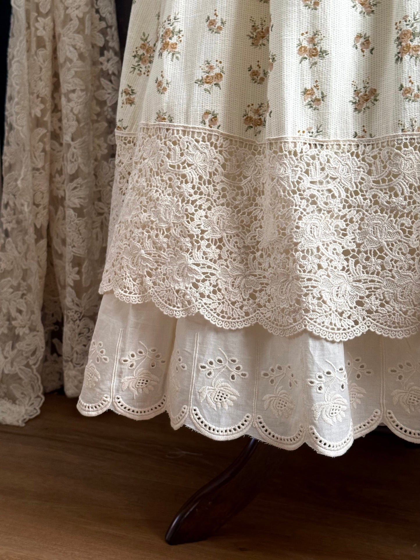 Close up of lace trim on the skirt