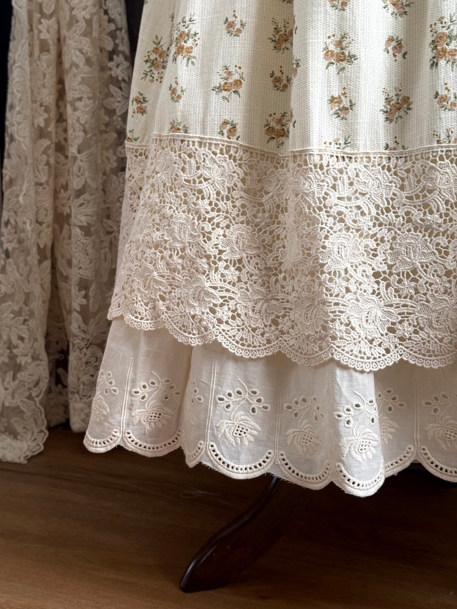 Close up of lace trim on the skirt