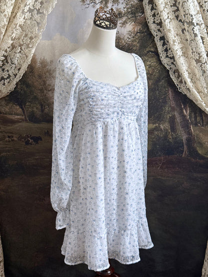 A historically Inspired regency style empire waist mini dress with ruffle hem, ruched bodice, and tulip sleeves made of white and blue floral chiffon. Pictured on a mannequin in front of an art history backdrop.