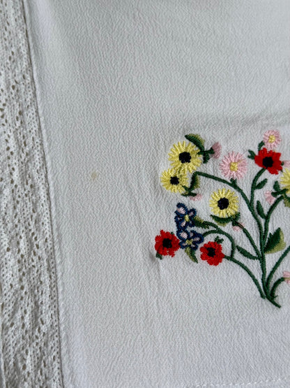 Close up stain and embroidered flowers