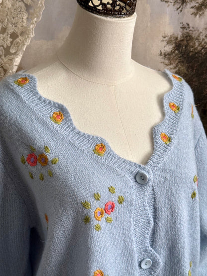 Light blue knit cardigan with vintage style floral embroidery, pictured on a mannequin against an art history background.