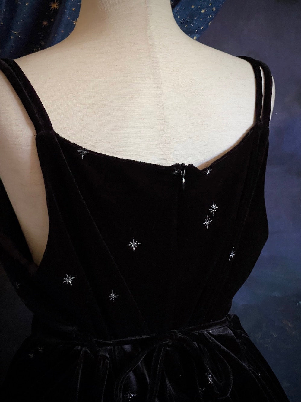 A Historically Inspired Celestial Starry Sky Black Velvet Dress inspired by Edwardian and Victorian era Evening Gowns.