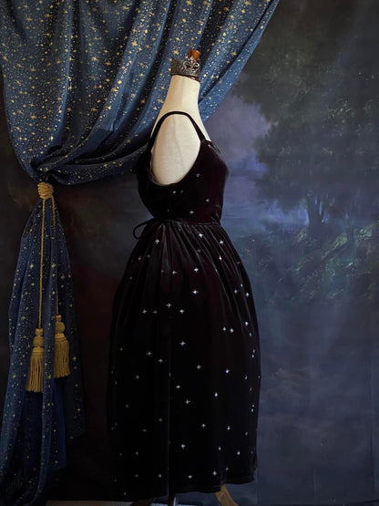 A Historically Inspired Celestial Starry Sky Black Velvet Dress inspired by Edwardian and Victorian era Evening Gowns.