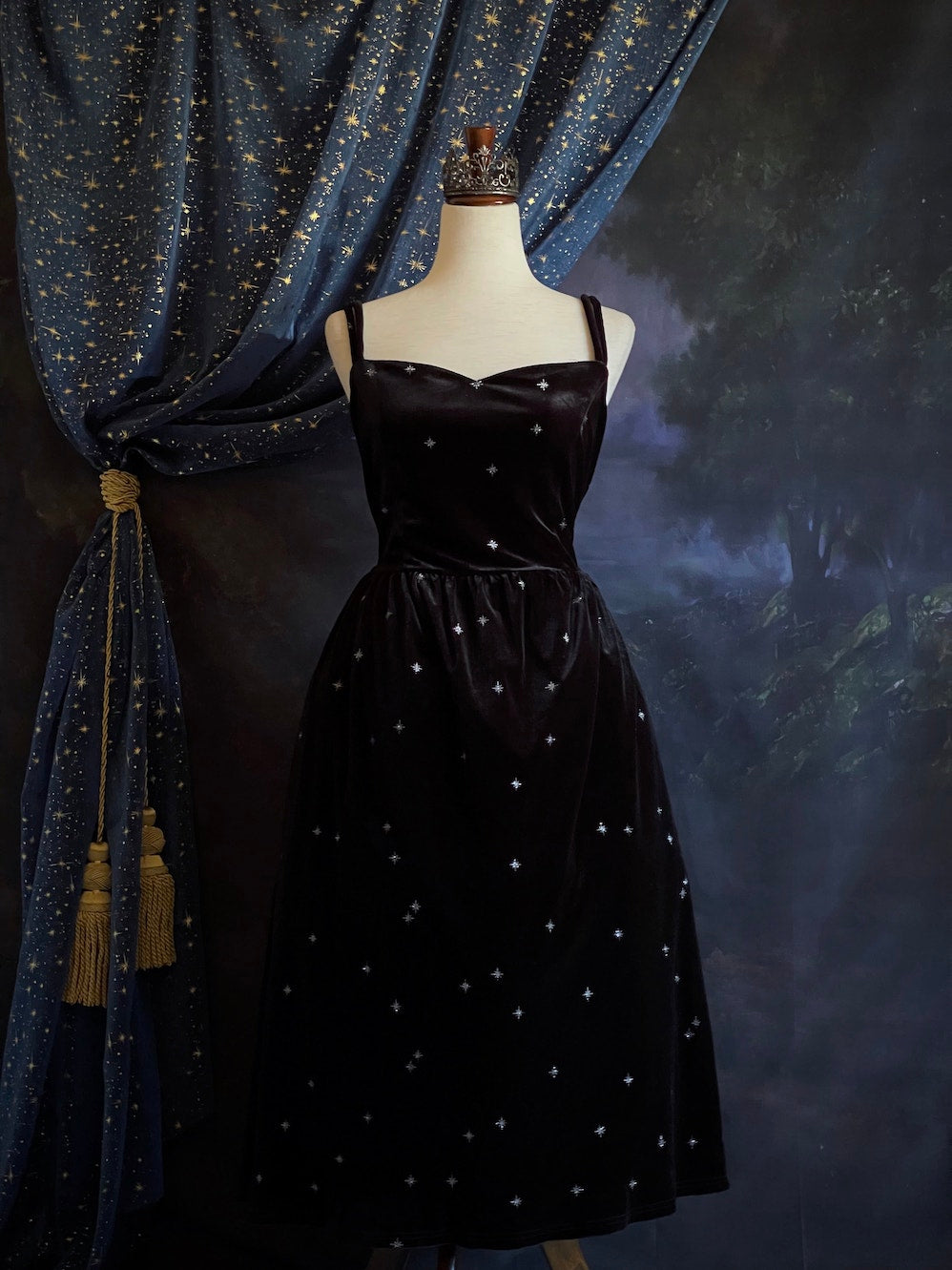 A Historically Inspired Celestial Starry Sky Black Velvet Dress inspired by Edwardian and Victorian era Evening Gowns.