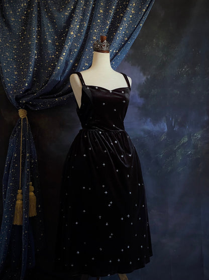 A Historically Inspired Celestial Starry Sky Black Velvet Dress inspired by Edwardian and Victorian era Evening Gowns.