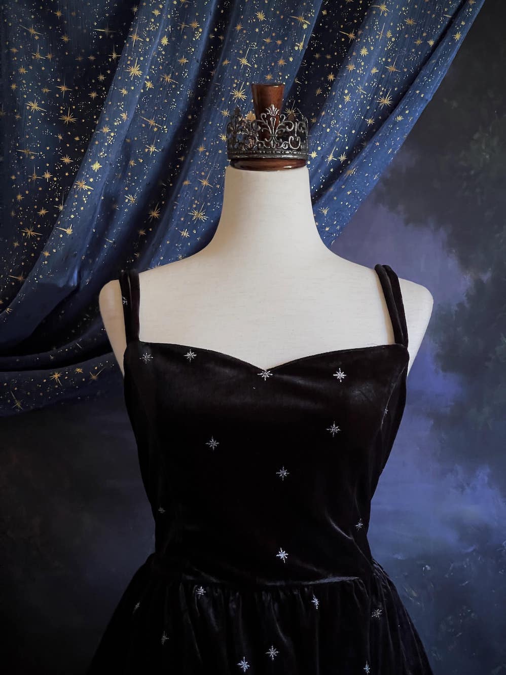 A Historically Inspired Celestial Starry Sky Black Velvet Dress inspired by Edwardian and Victorian era Evening Gowns.