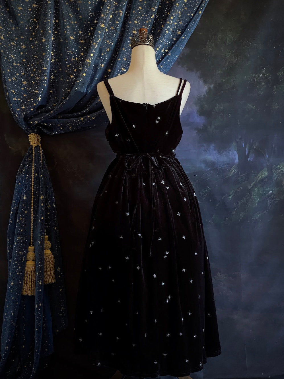 A Historically Inspired Celestial Starry Sky Black Velvet Dress inspired by Edwardian and Victorian era Evening Gowns.