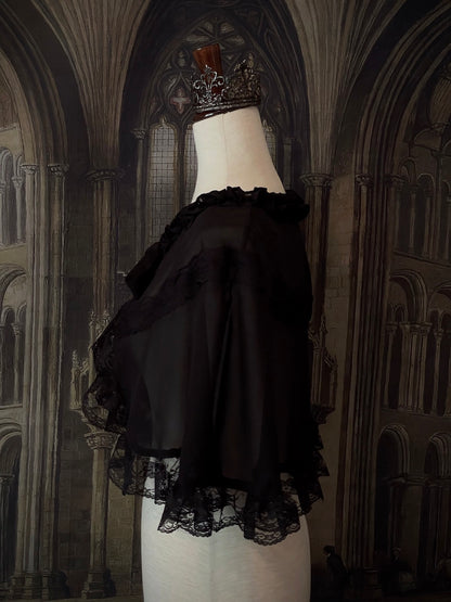 Historically Inspired Lace Trimmed Capelet Shawl in Gothic Black