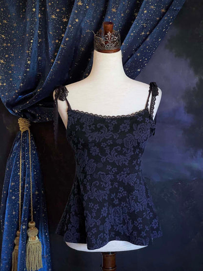 An Upcycled Ornate Damask Fabric Structured Peplum Top with Lace Trim in Black and Navy Blue.