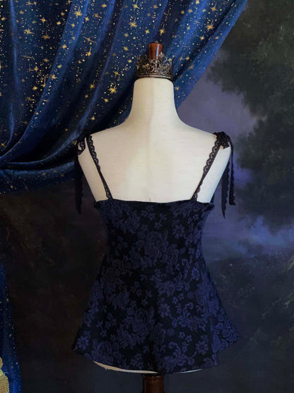 An Upcycled Ornate Damask Fabric Structured Peplum Top with Lace Trim in Black and Navy Blue.