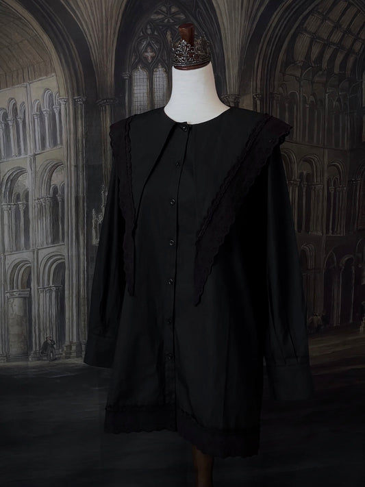 A Historically Inspired Medieval and Victorian Gothic Dagger Collar Tunic Blouse in Black with Lace Trim and Long Sleeves.