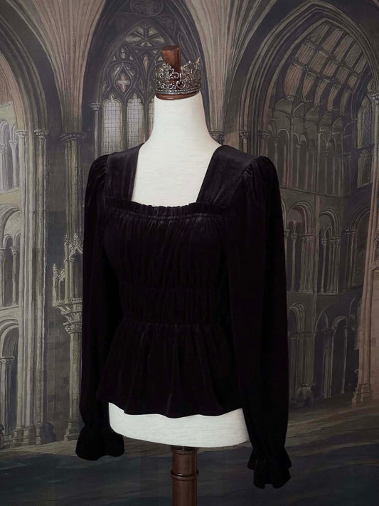 A Medieval and Renaissance Gothic black historically inspired velvet shirring smocked blouse with bishop bell sleeves