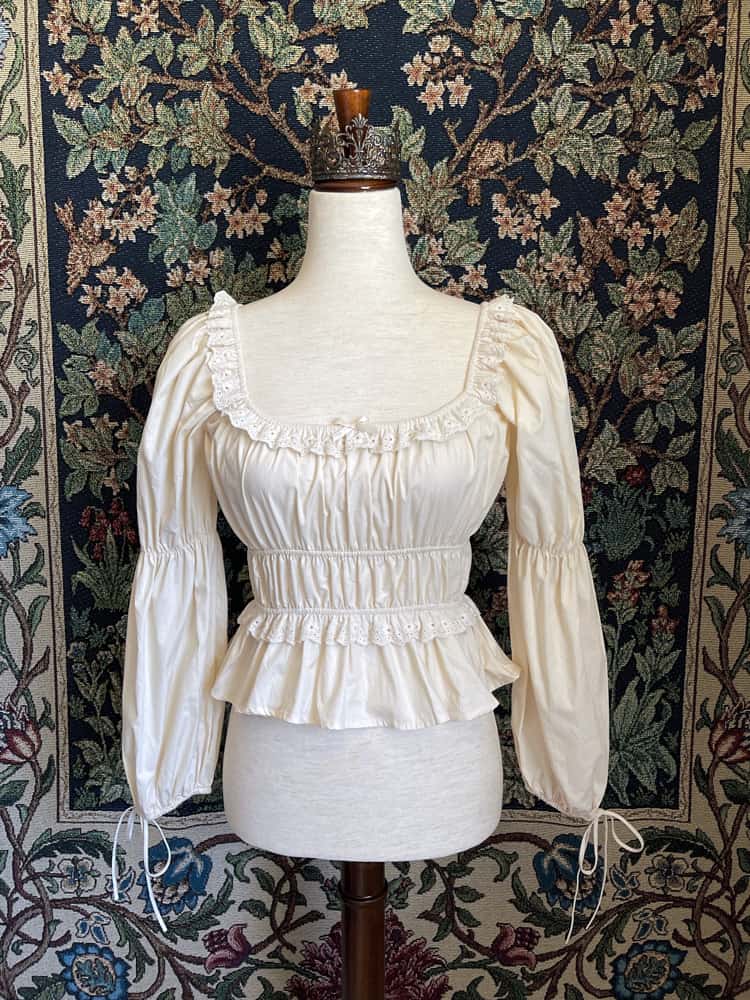 Historically Inspired Smocked Blouse with Virago Sleeves in Ivory Cotton