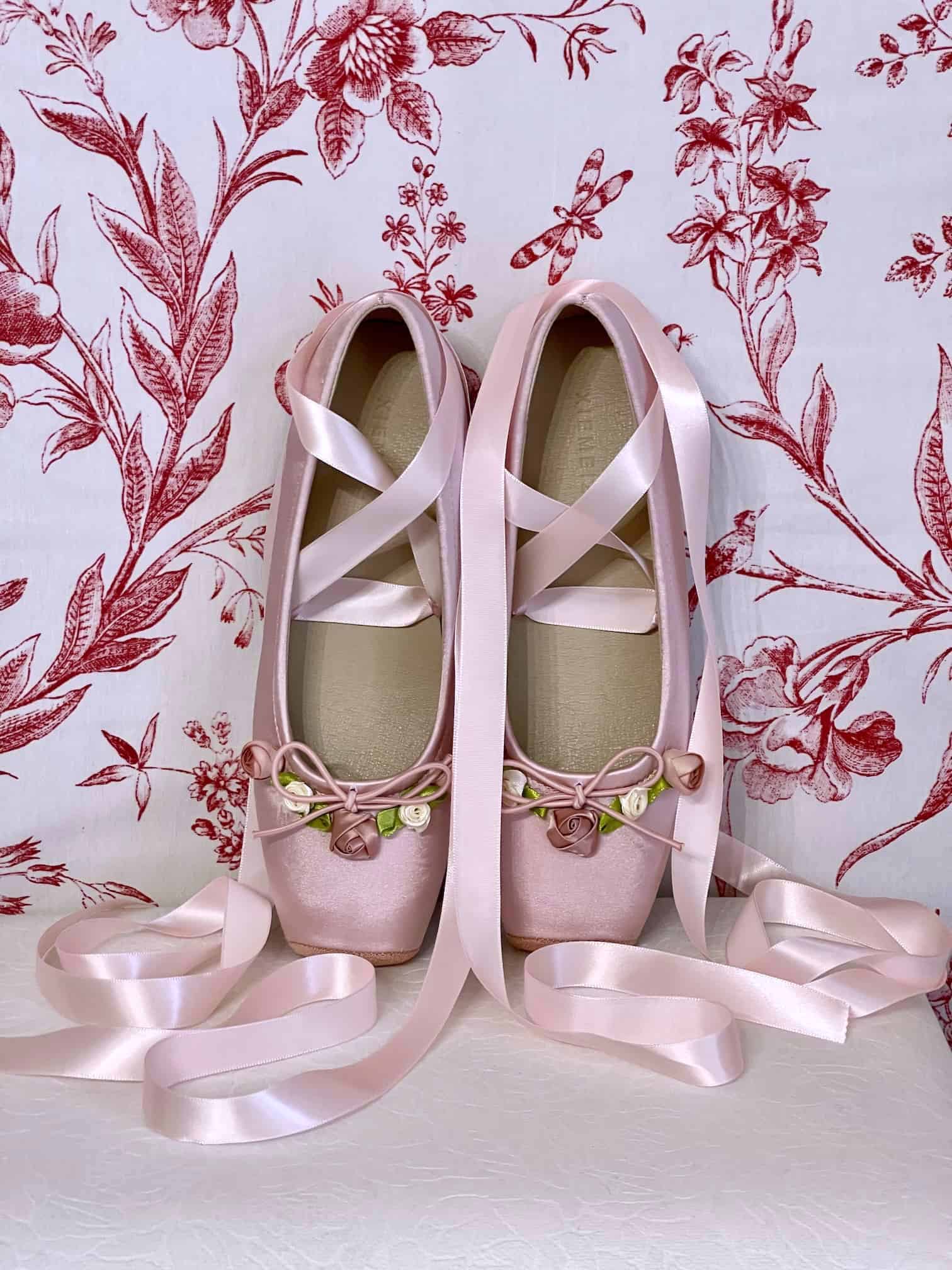 Historically Inspired Victorian Regency Rococo style Pink Satin Rosette Ballet Slipper flat shoes with Ribbon Laces.