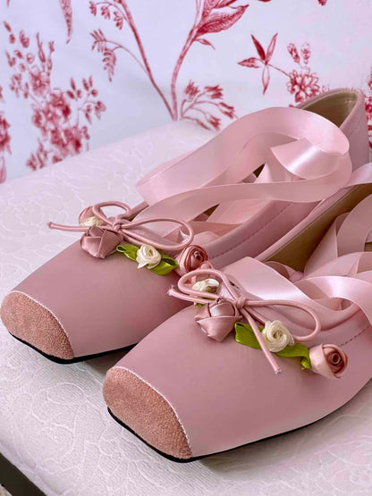 Historically Inspired Victorian Regency Rococo style Pink Satin Rosette Ballet Slipper flat shoes with Ribbon Laces.