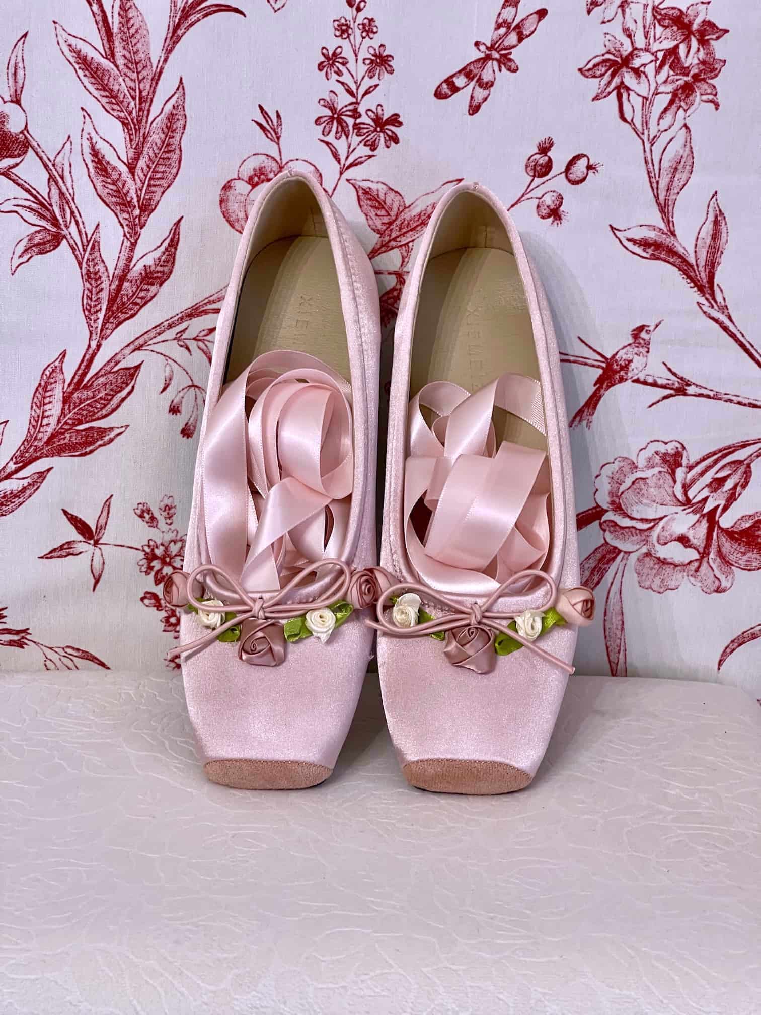 Historically Inspired Pink Satin Rosette Ballet Slippers with Ribbon Laces Historically Inspired Pink Satin Rosette Ballet Slippers with Ribbon Laces