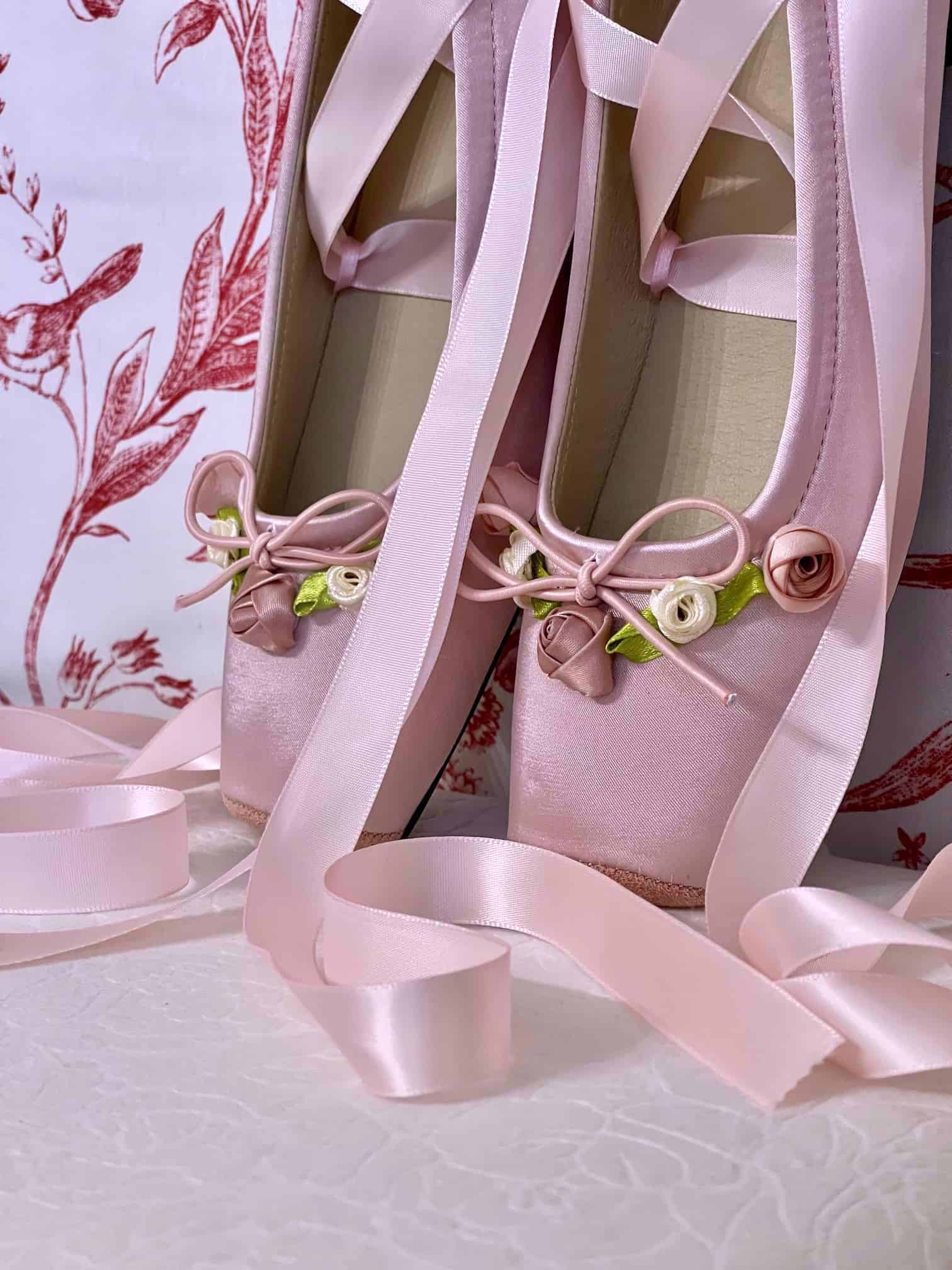 Historically Inspired Pink Satin Rosette Ballet Slippers with Ribbon Laces