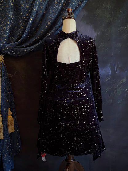 Upcycled Cider Fantasy Inspired Celestial Star Constellation Print Velvet Bell-Sleeve Witchy Mini Dress