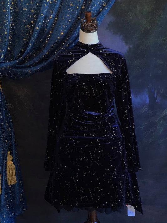 Upcycled Cider Fantasy Inspired Celestial Star Constellation Print Velvet Bell-Sleeve Witchy Mini Dress