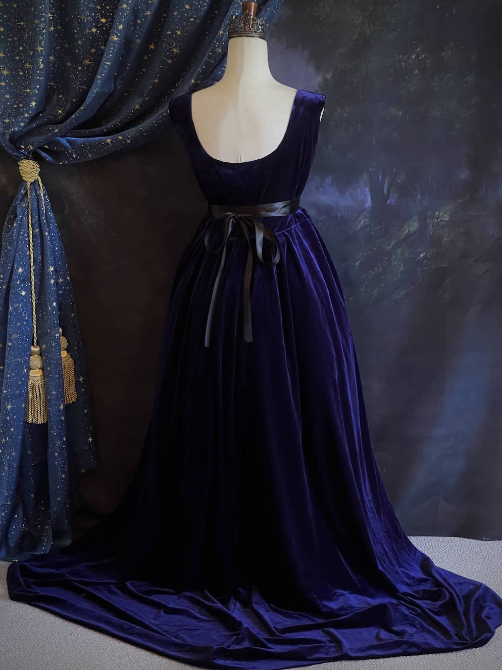 A Plus Size Historically Inspired Medieval and Renaissance Style Dark Purple Velvet Surcoat Gown with Gothic  Black Lace trim