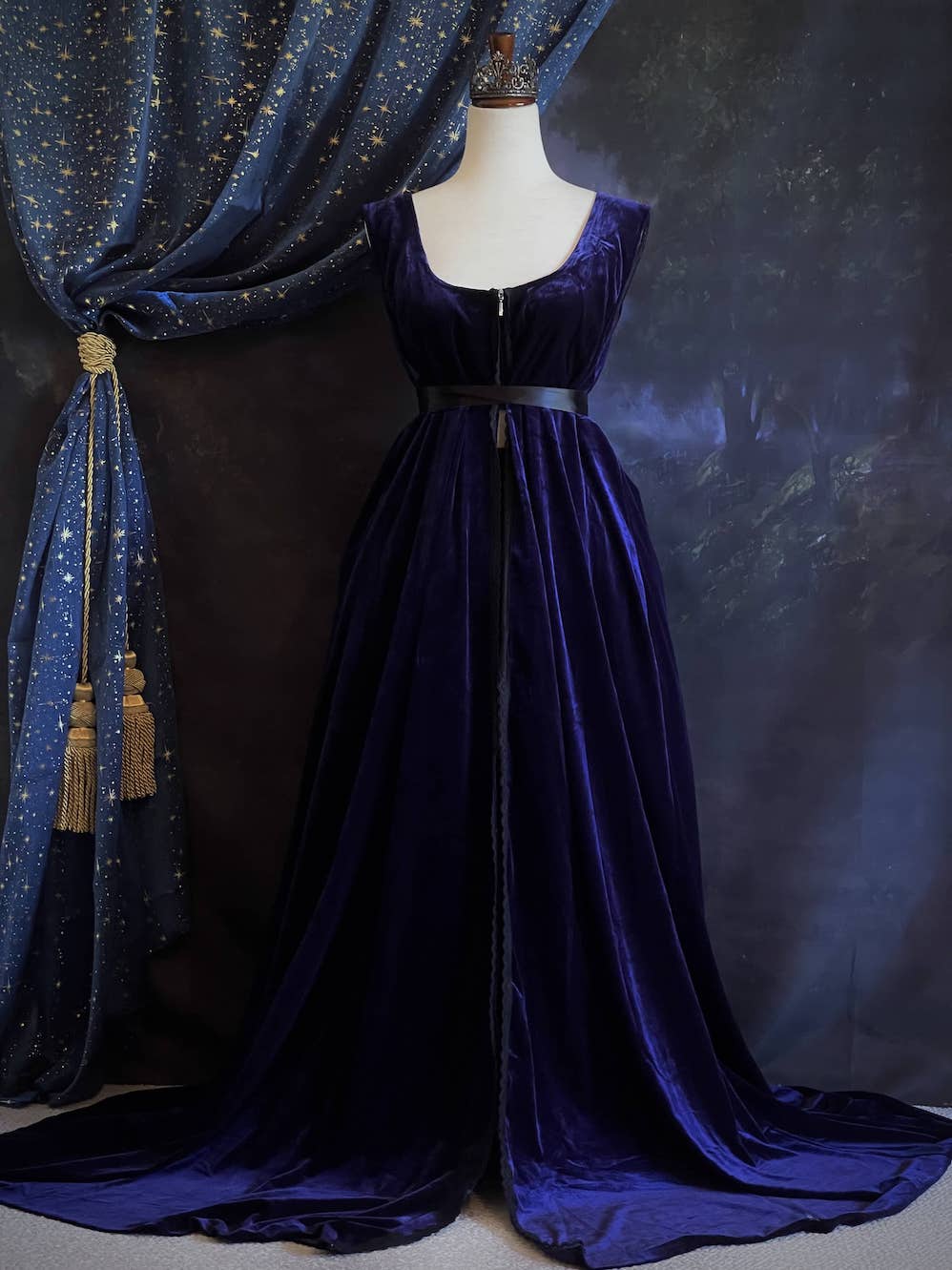 A Plus Size Historically Inspired Medieval and Renaissance Style Dark Purple Velvet Surcoat Gown with Gothic  Black Lace trim