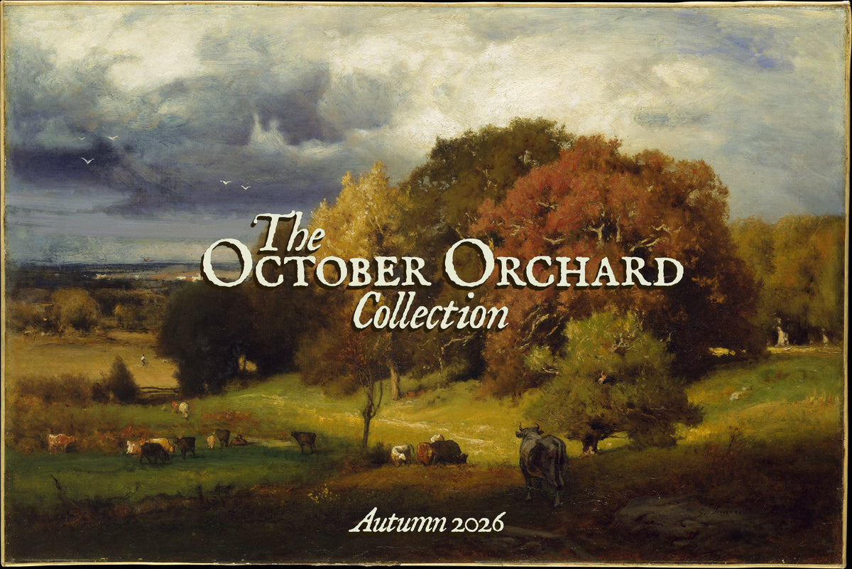 A landscape painting showing an autumn countryside scene with trees in fall colors, a cloudy sky, and cows grazing in a field. Text at the top reads 'The October Orchard Collection', and the bottom reads 'Autumn 2026'.