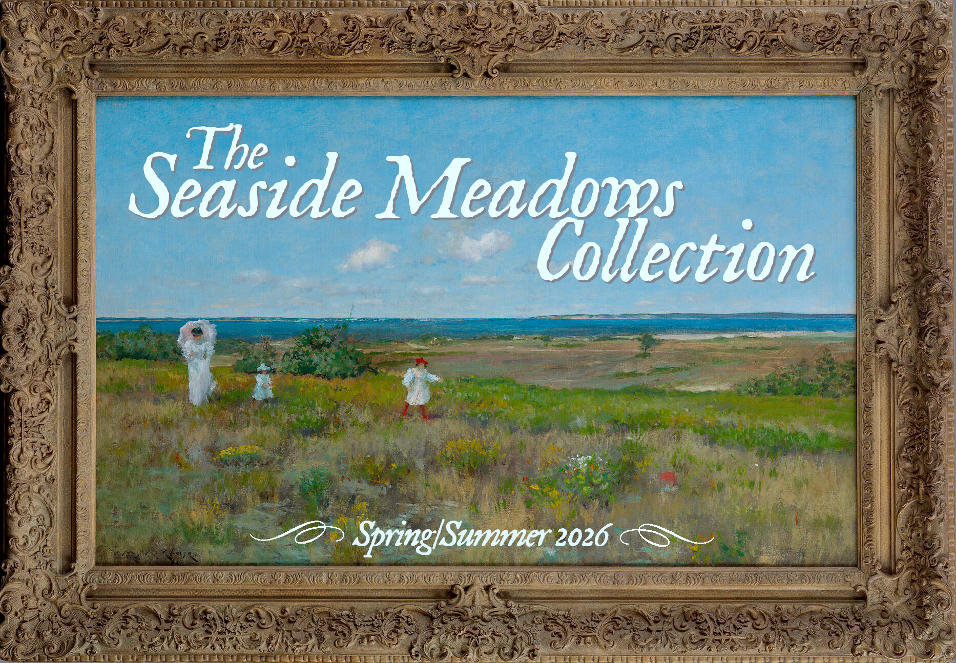 Promotional image for 'The Seaside Meadows Collection' with a historical painting of people in a field by the beach and text overlay.